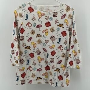 Talbots Petites Fall Autumn Harvest Novelty 3/4 Sleeve Boat Neck Top White SP